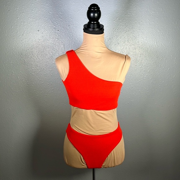 Orange ribbed one shoulder cheeky bikini swimsuit M | euro summer asymmetrical - Picture 1 of 7